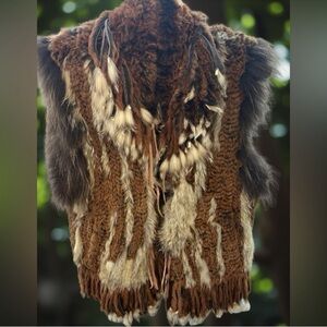 Real Fur & Feather Vest | Boho Western Statement | Brown | M